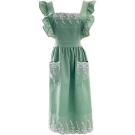 MUMOHO Women Apron Beautiful Lace Adjustable Cotton Linen Beige Home Shop Kitchen Cooking Aprons with Pocket Gift, Green