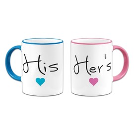 Pair of His & Her's Lovely (Heart) Novelty Gift Mugs - Pink & Blue Handle/Rim