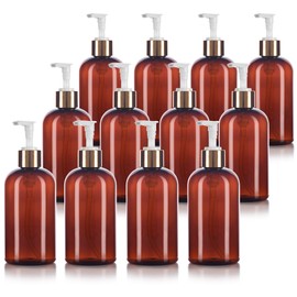 JUVITUS (12 pack) 8 oz Amber Boston Round PET Plastic Bottles with Gold Lotion Pump