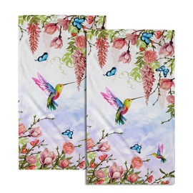 Pink Floral Hand Towels Set of 2 Hummingbird Butterfly Soft Absorbent Guest Bath Towel Kitchen Dish Towel Spa Home Bathroom Decorations
