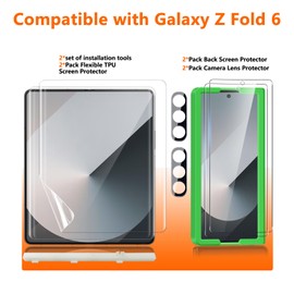 JEHOO [2Set 6PCS] Screen Protector for Galaxy Z Fold 6, 2 Inner TPU Films + 2 Outer Tempered Glass + 2 Camera Lens Protecters with Positional Mouting Frame, High Clarity, Anti-Shatter