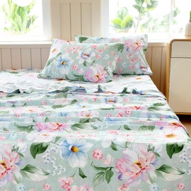 MICORAL Boho Floral Queen Sheet Set, 4-Piece Printed Botanical Bed Sheets, 16" Deep Pocket, Ultra Soft & Cooling Sheet, Oeko-TEX Certified, Green Floral