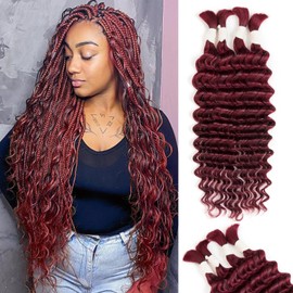 26 Inch Human Hair Deep Water Wave 4 Bundles/Pack 100g, Burgundy Red Bulk Hair for Boho Braids, Curly Wet and Wavy Micro Braiding No Weft