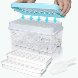 Ice Cube Tray, Food Safe Ice Cube Tray with Lid, Release All Ice Cubes in One Second, Reusable 64 Ice Cube Tray (Blue)