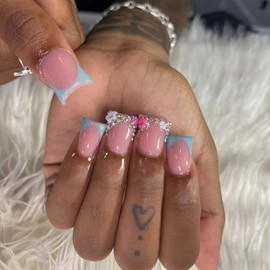 FIEONCIY Press on Nails Duck Shaped Glossy Full Cover Acrylic French False Nails with Designs Artificial Medium Duck Fake Nails with Charms Glue ons Fingernails for Women Girls(AS53)