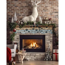 Paw Print Mantle Scarf 90 x 17 Inch, Vintage Farmhouse Style Cute Paw Wood Grain Fireplace Mantel Scarf Mantle Cover Runner for Home Living Room Indoor Holiday Party Decor