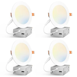 Amico 4 Pack 5 Inch 5CCT Ultra-Thin LED Canless Recessed Ceiling Light with Junction Box, 2700K/3000K/3500K/4000K/5000K Selectable, 11W=75W, 900LM High Brightness, Dimmable Wafer Downlight-ETL&FCC