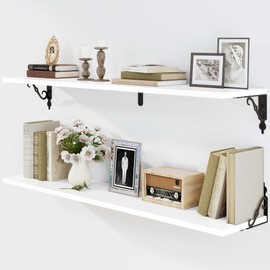 Fun Memories Long Shelves for Wall, 40 Inch Floating Shelves Wall Mounted, 8 Inch Deep Shelves Shelf with Bracket, Wide Display & Storage Shelves for Living Room, Bathroom, Bedroom, White, Set of 2