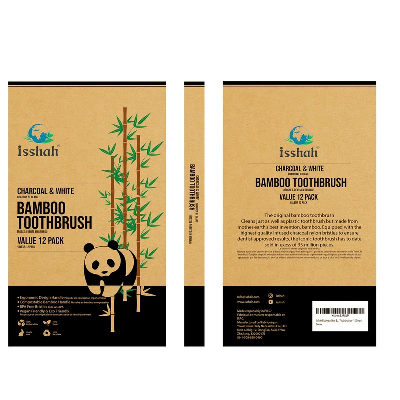Isshah Biodegradable Eco-Friendly Natural Bamboo Charcoal Toothbrushes, FSC Certified and