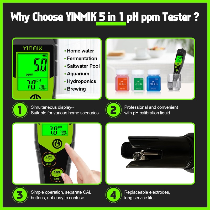 YINMIK Pool Salt Tester, Digital 5 in 1 pH TDS