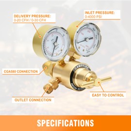 CAMPFIRE Argon CO2 Regulator with Dual Gauges and 9.8FT Gas Hose, CGA580 Inlet, 0–4000 PSI Input Pressure for MIG and TIG Welding
