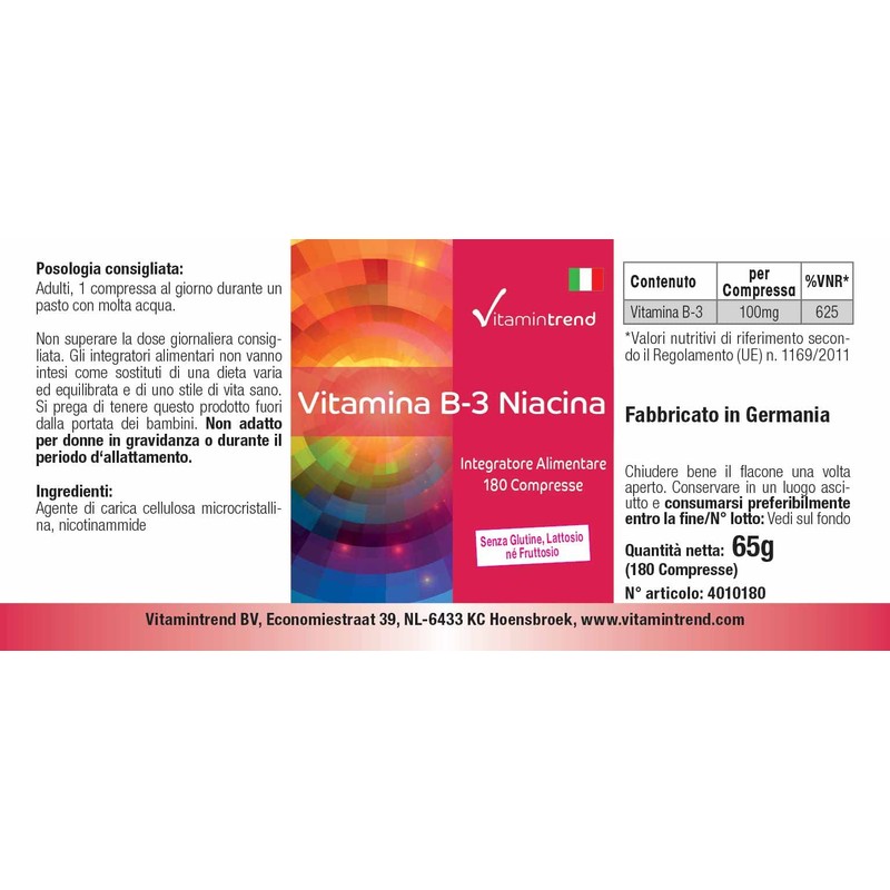 Vitamin B3 Niacin 100 mg - 180 Tablets - For