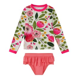 upandfast Girls' Rash Guard Set UPF 50+ Sun Protection 2 Pieces Bathing Suits (7 Years, Rose Flower)