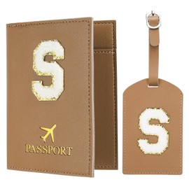 PATIKIL Passport Holder for Travel, Initial Passport Cover and Luggage Tag Set with Alphabet Chenille Letter Patch Travel Wallet Bag Suitcase Identifier for Women Family Travel Brown S