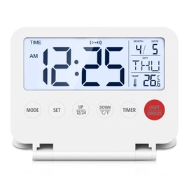 KeeKit Digital Travel Alarm Clock, Large LCD Display Front Button with Date, Temperature, Snooze, Backlight, AAA Battery Operated(Not Included), Desk Clock for Home, Office, Travel - White
