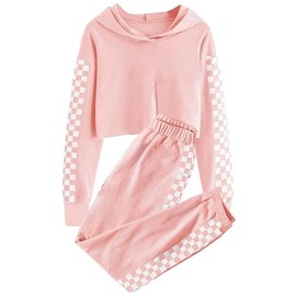 Haloumoning Kids 2 Piece Outfits Girls Crop Tops Hoodies Sweatshirts and Sweatpants,Pink,9-10 Years