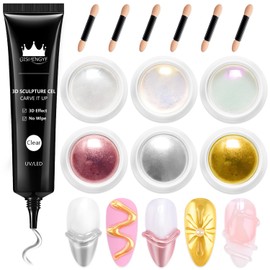 BISHENGYF Multifunctional 3D Nail Gel: No Wipe 15 g 3D Gel Nail Art and 6 Pieces Silver/Gold Chrome Nail Powder, Metallic Yellow Pearl Crome Powder Nails, 5D Molding Gel for Nail Decoration