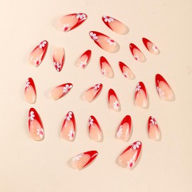 Red French Press on Nails Medium Almond Fake Nails with Cute Flower Designs Glue on Nails Red Nail Tip False Nails Full Cover Reusable Artificial Acrylic Stick on Nails for Women 24 Pcs