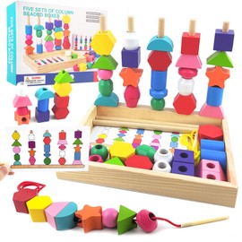 Guopai Threading Toys for 2 3 4 5 Year Olds, Montessori Fine Motor Skills Games, Wooden Lacing Beads & Stacking Blocks, Educational Learning Toy for Toddlers, Travel game with Storage And Cards