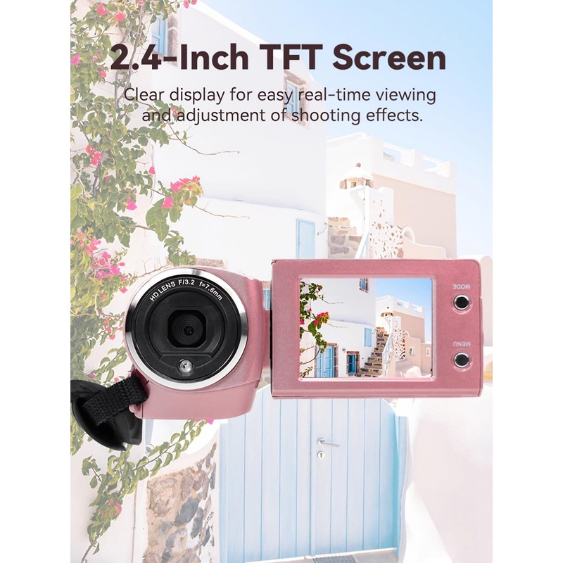 Video Camera Camcorder, 2K 48MP Pink HD Digital Camera for