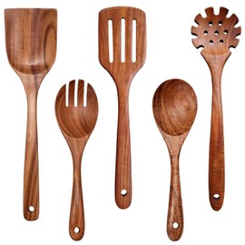 Wooden Spoons for Cooking Non-Stick Kitchen Pan Toolset 5 PCS Set,Natural Kitchen Utensils Spatula, Wooden Cooking Utensils Spoons, Fried Spatula and Salad Fork, Pasta Spoon, Wooden Spoon Set