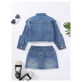 WDIRARA Girl's 2 Piece Outfit Ripped Button Front Long Sleeve Denim Jackets and Mini Skirts Set Blue 7Y