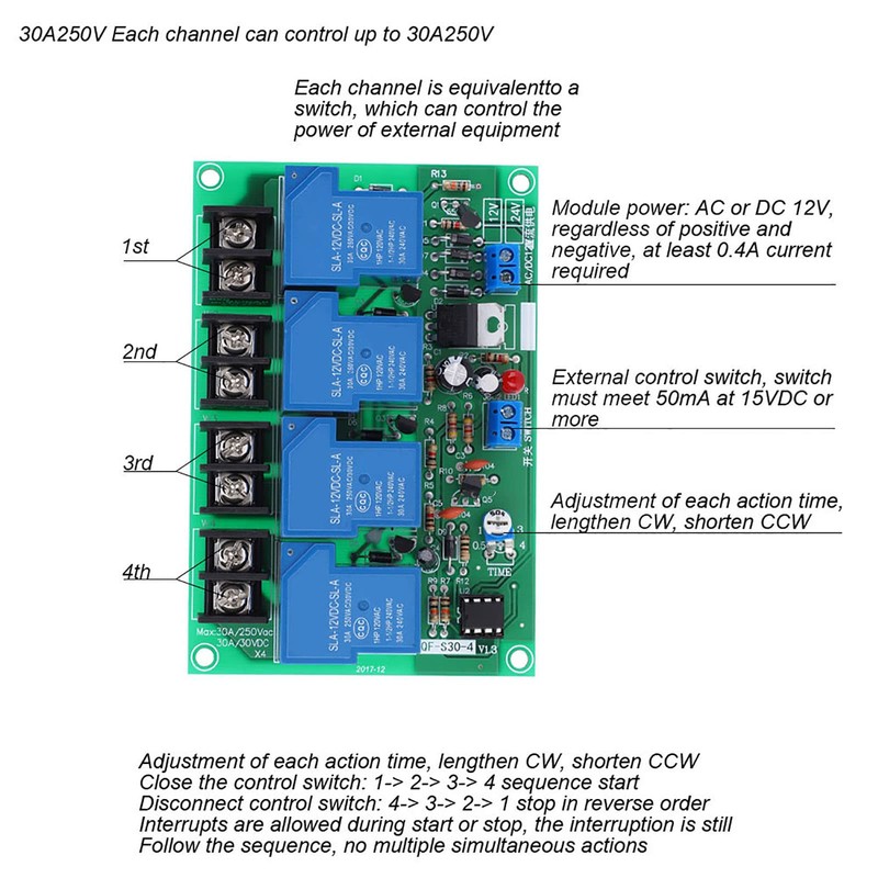 Power Time Sequence Board Adjustable Sequential Controller Module 30A 0.5-4s