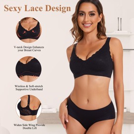 Joyshaper Women's Bra Without Underwire Push Up with Lace Padded Bra V Neck Bra Comfortable Bralette, Black/Lace