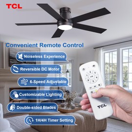 TCL 52" Ceiling Fan with Lights, Black Flush Mount Ceiling Fans with Remote Control, 6 Speeds DC Reversible, Dimmable, Noiseless, Low Profile Ceiling Fans for Bedroom