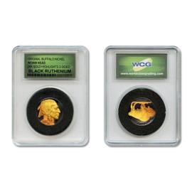 Merrick Mint Black Ruthenium Indian Head Buffalo Nickel 1930 W Mint Mark, Proof Grade by World Class Grading Service, 24KT Gold Clad Highlights, 100% Nickel with Black Ruthenium Coating, 2 Cents