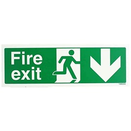 V Safety Glow In The Dark Fire Exit Arrow Down Sign - 300mm x 100mm - Rigid Plastic