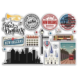 A5 Sticker Sheet New Orleans Landmarks Vinyl Stickers - Louisiana America States USA American Airport Stamps Skyline Flag Map Travel Holiday Scrapbooking City Luggage #79151