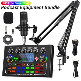 F009 Live Sound Card Broadcast quipment,Audio DJ Mixer with Microphone Set Voice Changer Podcast Studio Device For wireless Bluetooth Live Streaming - Color: F009 Black Microphone Set