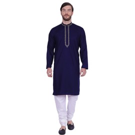 Maple Clothing Kurta - Vestido de pijama bordado de algodón para hombre, Azul / Patchwork, XX-Large
