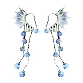 2PCS Dainty Ear Cuffs Clip-on Earring for Women, Fins Shaped Ear Cuffs Non-Piercing Earrings Rhinestone Marine Organism Tassel Ear Bone Clip without Pierced (Silver)