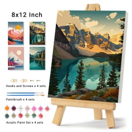 4 Pack Framed Paint by Numbers Kit for Adults Beginner Canvas Painting by Numbers for Adults Landscape Easy Adult Paint by Number Kits with Frame Mountain Watercolor Painting by Number 8x12 Inch