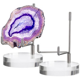 BTSKY 2pcs Large Size Adjustable Silver Metal Arm Display Stands Easel with Round Acrylic Base, Display Holder for Geodes Rock Mineral Agate Fossil Coral Coin