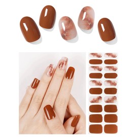 AutyaMee Semi Cured Gel Nail Strips (Brick Red Marble)-20 PCS Brown Fall Gel Nail Stickers | Gel Nail Wraps | UV Light Required, Salon Quality & Easy to Use