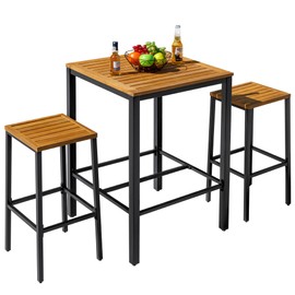 Devoko Acacia Wood Outdoor Patio Bar Set for 2, Square Counter Height Table with 2 Stools, Dining Bar Set for Garden, Deck, Pool Side, Dining Room, Kitchen, Living Room