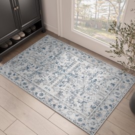 TOPICK Doormat, 60 x 90 cm, blue carpet, vintage doormat, entrance mat, foldable, thin, washable, floral print rug, non-slip for front door, entrance, patio, hallway