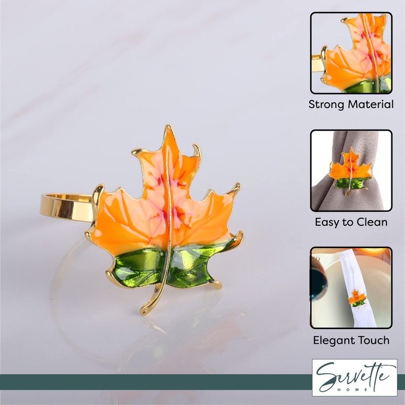 Maple Leaf Napkin Rings Set of 6 Metal Orange