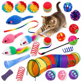 Genérico 24pcs Kit de Juguetes para Gato con Túnel de 123cm, Incluye Ratones, Pelotas, Palo Guía, Juguetes Interactivos y Accesorios Variados para Fel