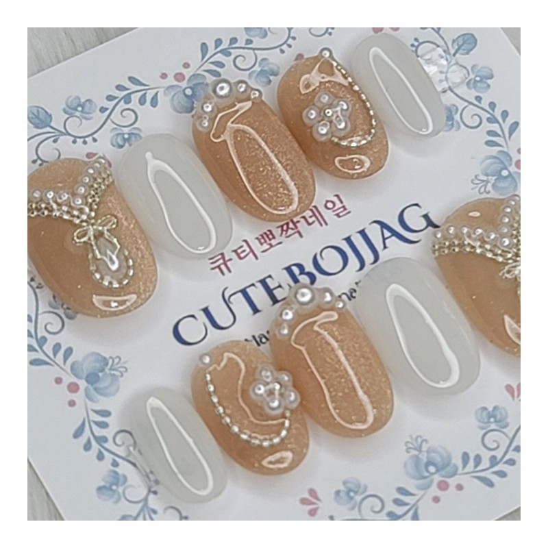 Wedding pearl ball handmade nail tips - Coffin Egg /