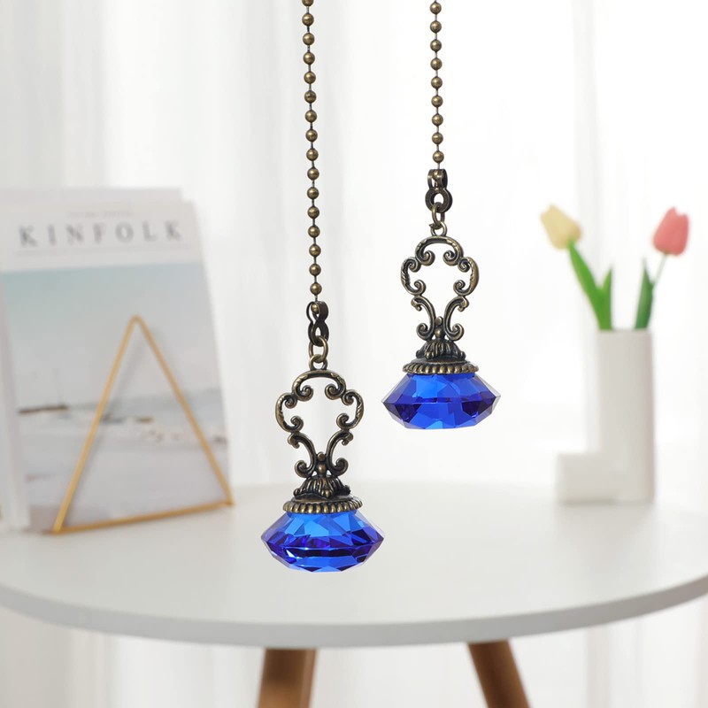 2pcs Blue Crystal Fan Pull Diamond Drop Vintage Pull Chain