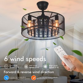Fandian Black Caged Ceiling Fan with Light,Flush Mount Bladeless Fandelier with Remote Control Reversible Motor and Farmhouse Crystal Cage Chandelier for Bedroom Living Room Kitchen
