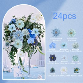 LARDUX 24 PCS Artificial Flower Heads-Craft Fake flower Decoration Mini Silk Blue Flower Heads Bulk Mix for DIY Wedding Party Hair Accessory Scrapbooking Home Decor