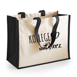 huuraa Jute Bag Colleague with Heart Shopper Shopping Bag Black 21 Litres with Motif for the Greatest People Gift Idea for Friends and Family, black