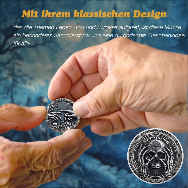 AtSKnSK Memento Mori Coin - Face Holding Skeleton, Challenge Locket,