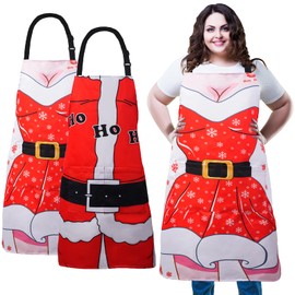XIEJINJIA 2 Pack Water Resistant Santa Anime Christmas Aprons Wife Husband Funny Xmas Adjustable Long Ties with 2 Pockets Kitchen Cooking Christmas Party Gift Apron BBQ Chef for Men Women