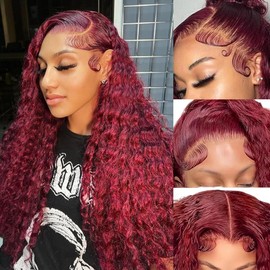 ILHILH 28 Inch Burgundy Lace Front Wigs Human Hair Deep Wave 99J Red Colored Curly Wet and Wavy Glueless Wigs 200 Density 13x6 HD Lace Frontal Wig Pre Plucked with Baby Hair
